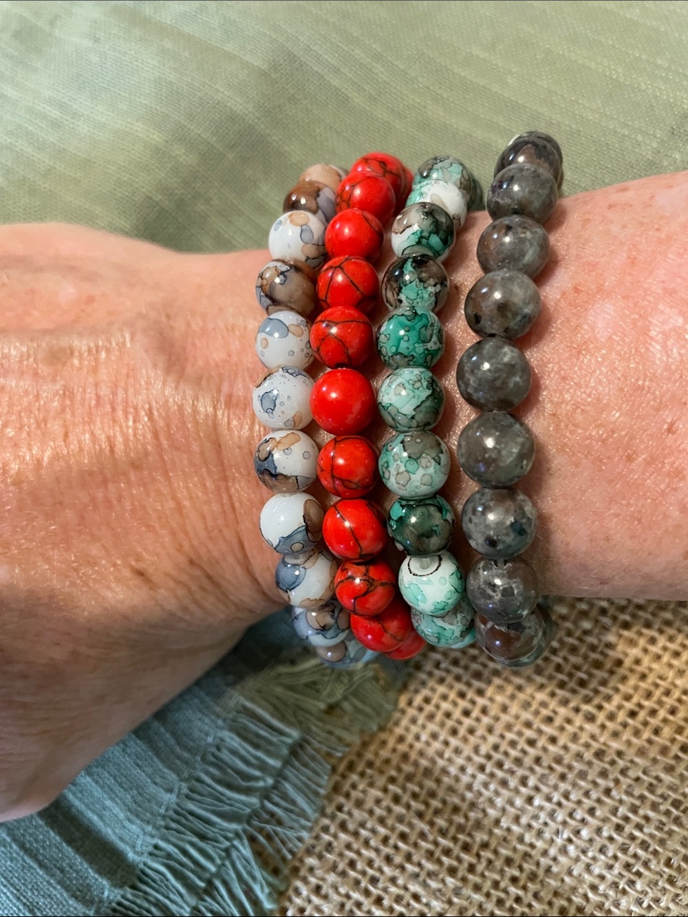 Marble look Beaded Stretch Bracelet Set — Sage Green, Earth Tones & Coral Red